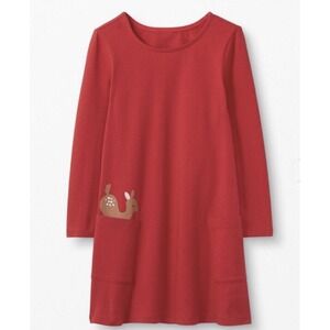 Hanna Andersson Youth 8 Red Long Sleeve Deer Art Pocket Cotton Dress